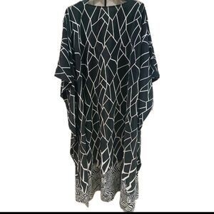 Kaftan Dress Set With Pants Geometric  & Zebra Print Black & White Plus Size: 3X
